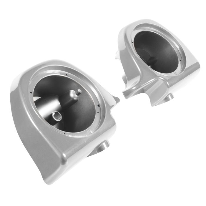 Billet silver Lower Vented Fairing Speaker Pod Mounts non rushmore style front for Harley® Touring motorcycles from HOGWORKZ® angle