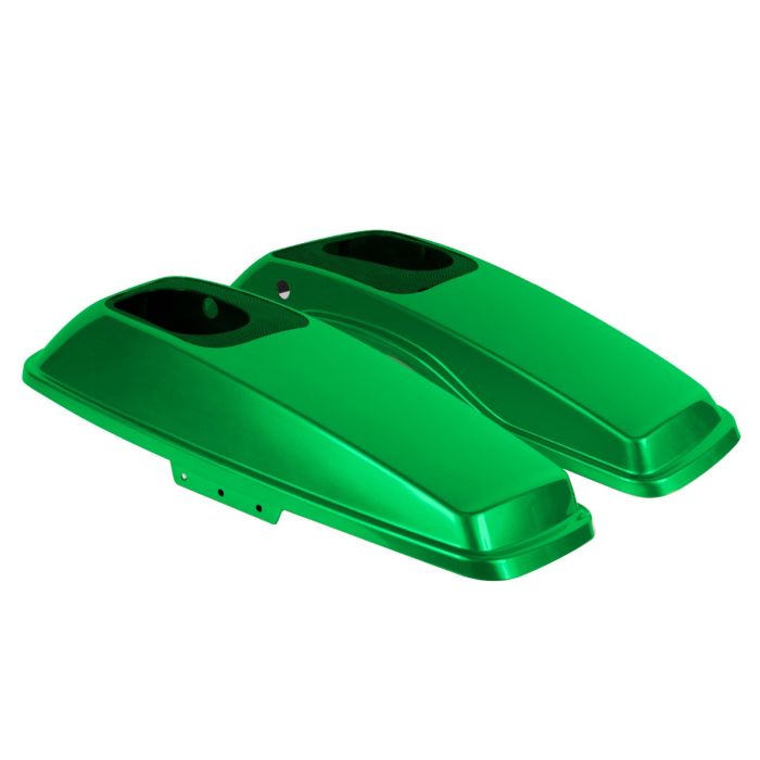 Radioactive Green Harley Touring Saddlebag Speaker Lids from HOGWORKZ angle