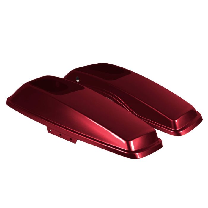 Hard Candy Hot Rod Red Flake Harley Touring Saddlebag Speaker Lids from HOGWORKZ angle