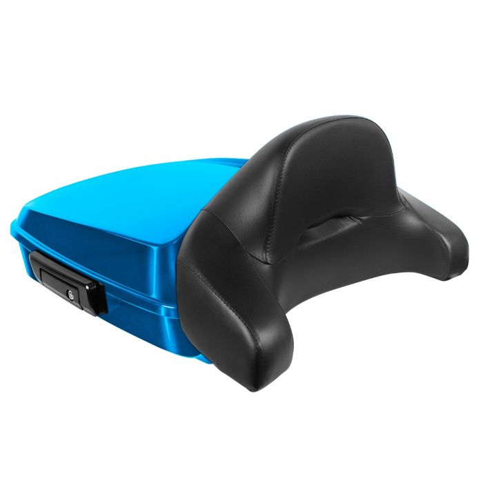 Electric Blue Harley Touring Chopped Tour Pack with Full Backrest and Black Hardware angle