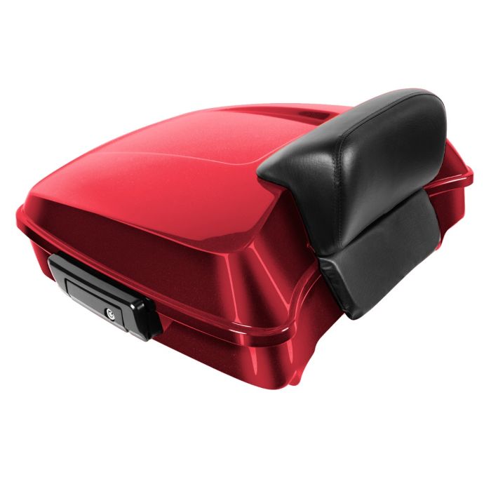 Heirloom Red Harley Touring Chopped Tour Pack with Slim Backrest and Black Hardware from HOGWORKZ angle