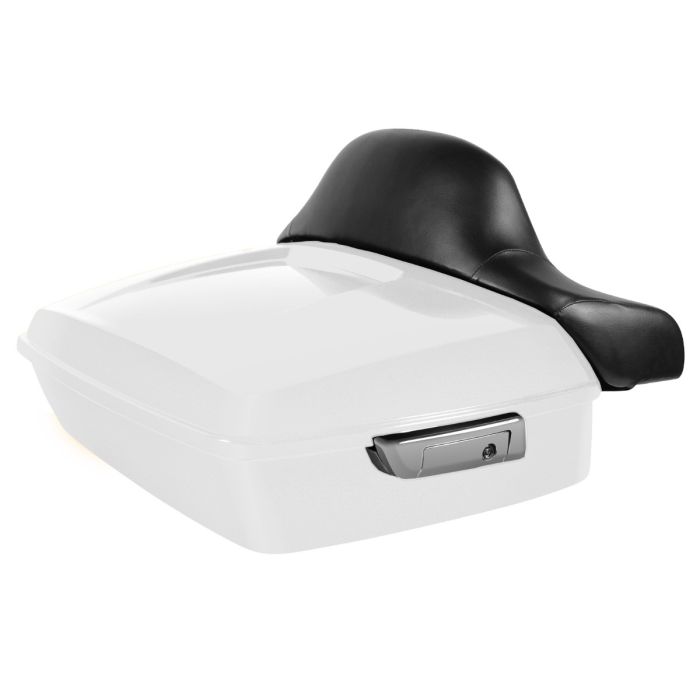 White Onyx Pearl Harley Touring Chopped Tour Pack with Full Backrest and Chrome Hardware from HOGWORKZ angle
