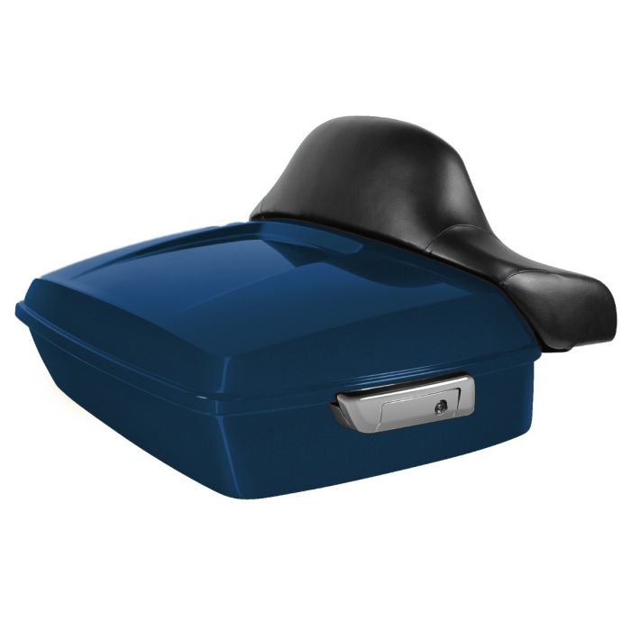 Billiard Blue Harley Touring Chopped Tour Pack with Full Backrest and Chrome Hardware from HOGWORKZ angle
