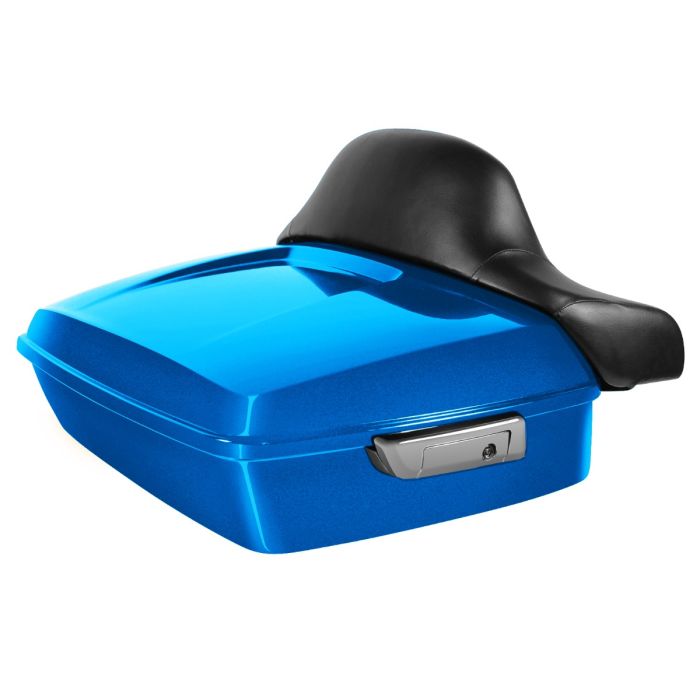 Electric Blue Harley Touring Chopped Tour Pack with Full Backrest and Chrome Hardware from HOGWORKZ angle