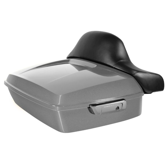 Billet Silver Harley Touring Chopped Tour Pack with Full Backrest and Chrome Hardware from HOGWORKZ angle