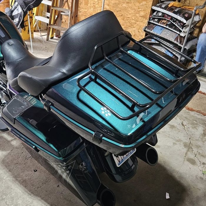 Wicked Red Denim Chopped Tour Pack Full Backrest Black Hardware