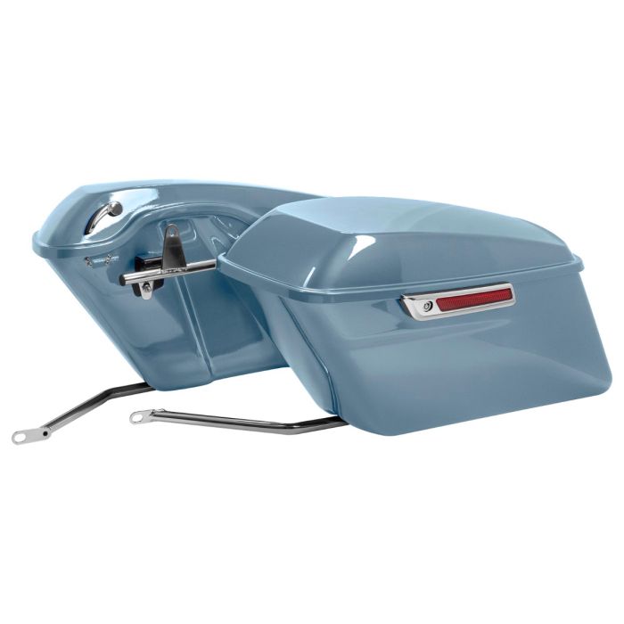 Sharkskin Blue Harley softail conversion kit with standard saddlebags and Chrome hardware from HOGWORKZ