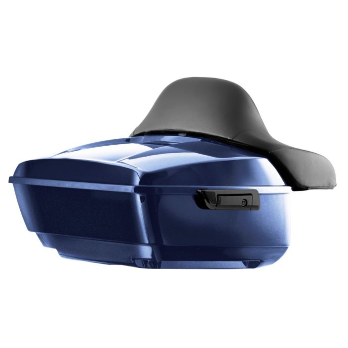 Big Blue Pearl Harley Touring King Tour Pack with Full Backrest and Black Hardware from HOGWORKZ angle