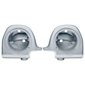 Barracuda Silver denim Lower Vented Fairing Speaker Pod Mounts for Harley from Hogworkz front view