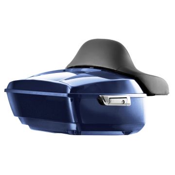 Big Blue Pearl Harley Touring King Tour Pack with Full Backrest and Chrome Hardware from HOGWORKZ angle