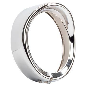 Chrome-plated visor style headlight trim ring. Direct bolt-on install for 7" headlight from HOGWORKZ.