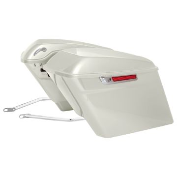 White Sand Pearl Stretched Saddlebag Conversion Kit w/ Chrome Hardware for Harley® Softail