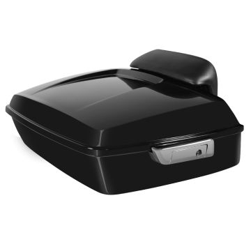 Vivid Black Harley Touring Chopped Tour Pack with Slim Backrest and Chrome Hardware from HOGWORKZ angle