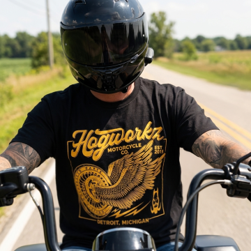 HOGWORKZ® Wheels Up T-Shirt | Black w/ Yellow Print