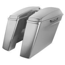 Billet Silver Harley Touring Dual Blocked Extended 4" Stretched Saddlebags left angle