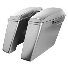 Brilliant Silver Pearl Harley Touring Dual Blocked Extended 4" Stretched Saddlebags from HOGWORKZ left angle