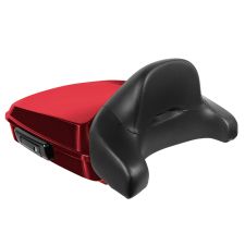 Crimson Red Sunglo Harley Touring Chopped Tour Pack withFull Backrest and Black Hardware angle