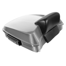 Billet Silver Harley Touring Chopped Tour Pack with Slim Backrest and Black Hardware from HOGWORKZ front angle