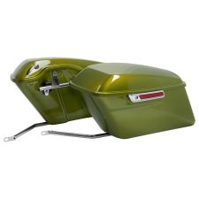 Olive Gold Harley softail conversion kit with standard saddlebags and Chrome hardware from HOGWORKZ